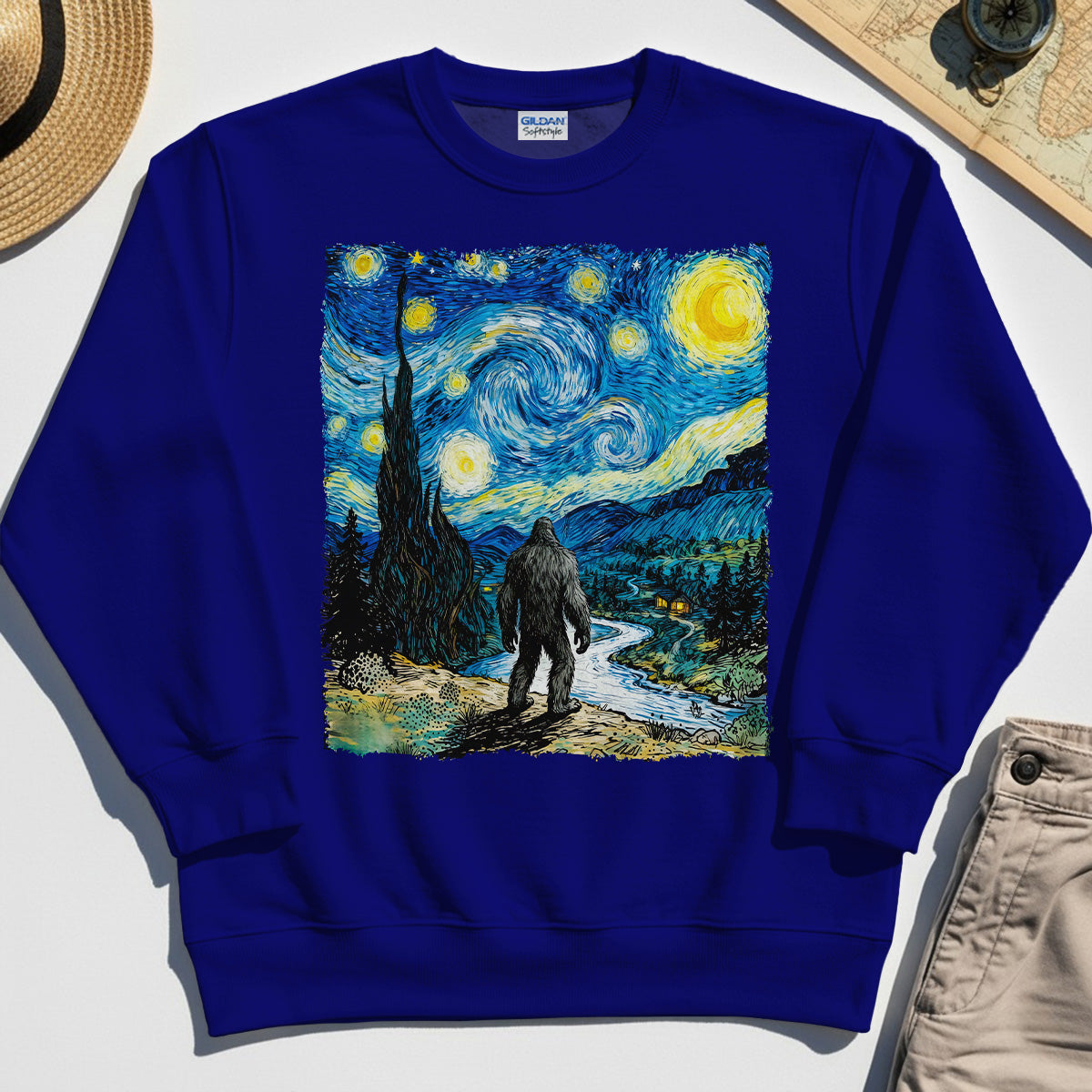 Funny Sasquatch Van Gogh Parody Sweatshirt, Bigfoot Starry Night Sweatshirt 6