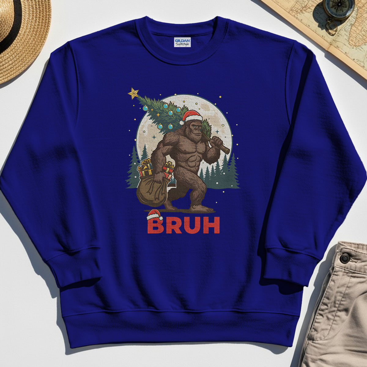 Bigfoot Christmas "BRUH" Sweatshirt, Retro Santa Hat Sasquatch Carrying Christmas Tree Sweatshirt 7