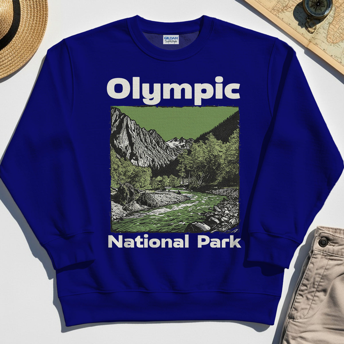 Olympic National Park Sweatshirt, Vintage Mountain River Scene Sweatshirt For Outdoor Adventure Campers 6