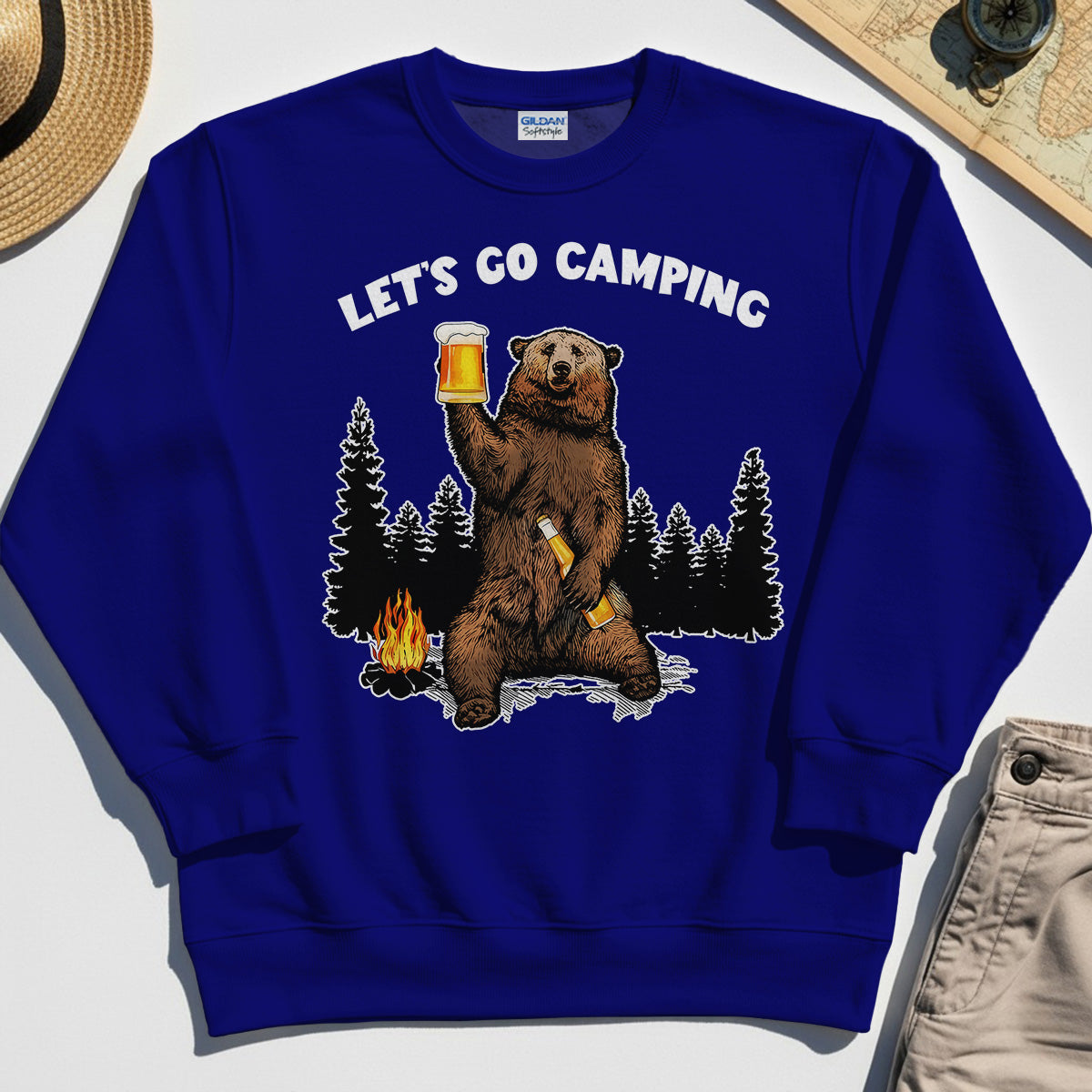 Let’s Go Camping Sweatshirt, Funny Beer Drinking Bear Graphic Sweatshirt For Outdoor & Camping Lovers 7