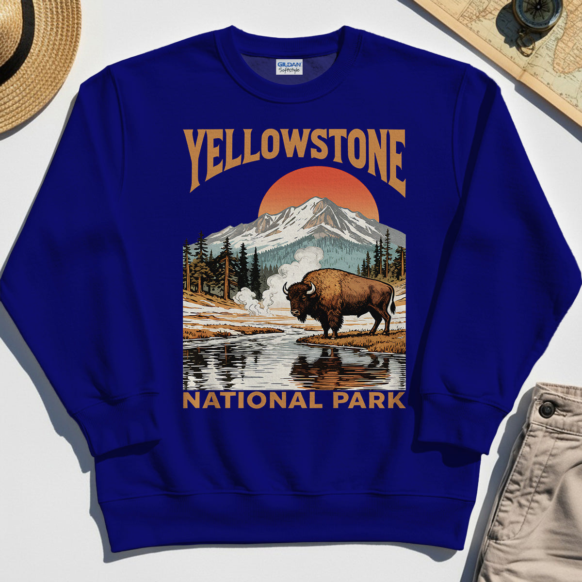 Yellowstone National Park Sweatshirt, Vintage Bison Sunset Mountain Sweatshirt For Campers 6