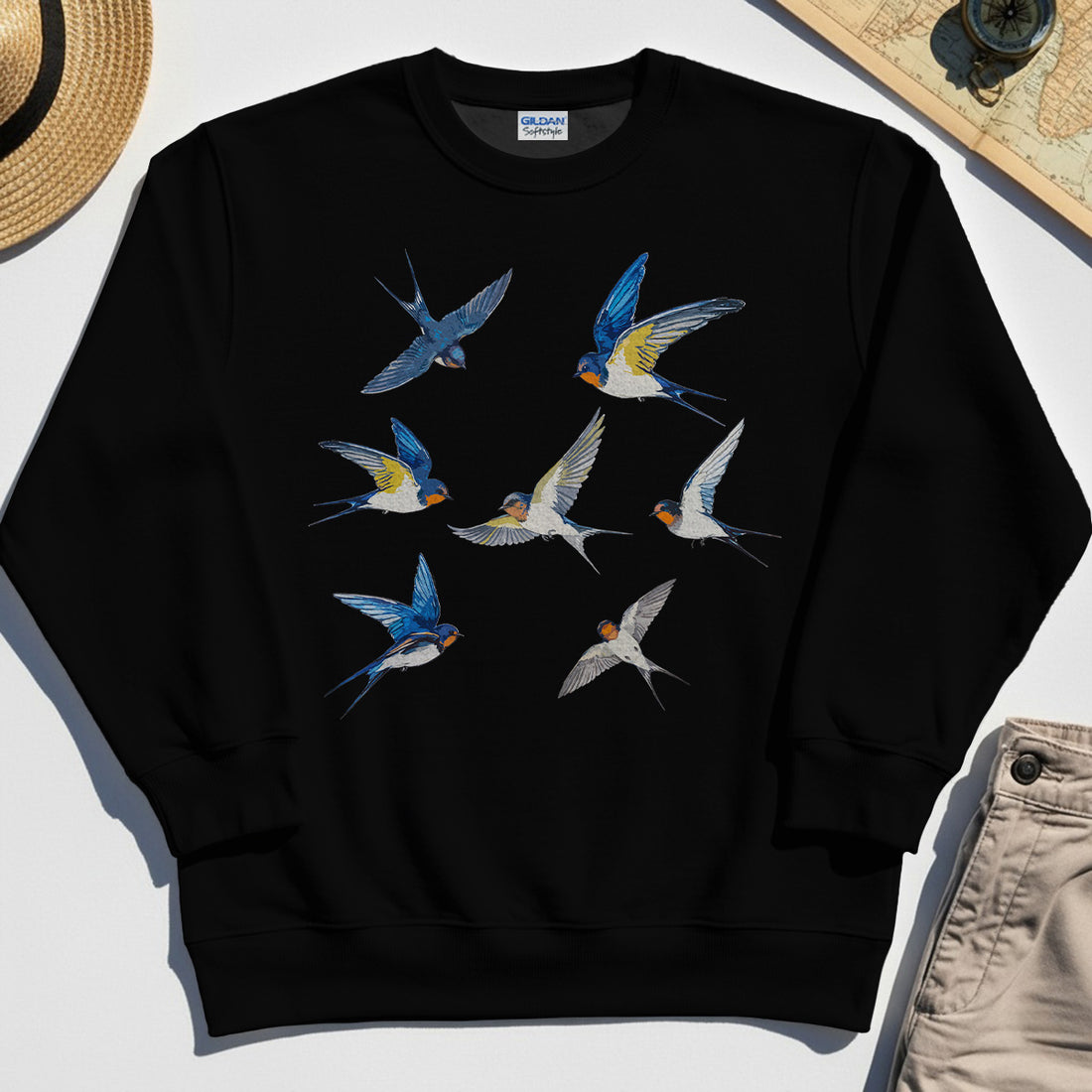 Elegant Flying Swallows Sweatshirt, Minimalist Wildlife Camping Graphic Sweatshirt Gift For Nature Campers 1
