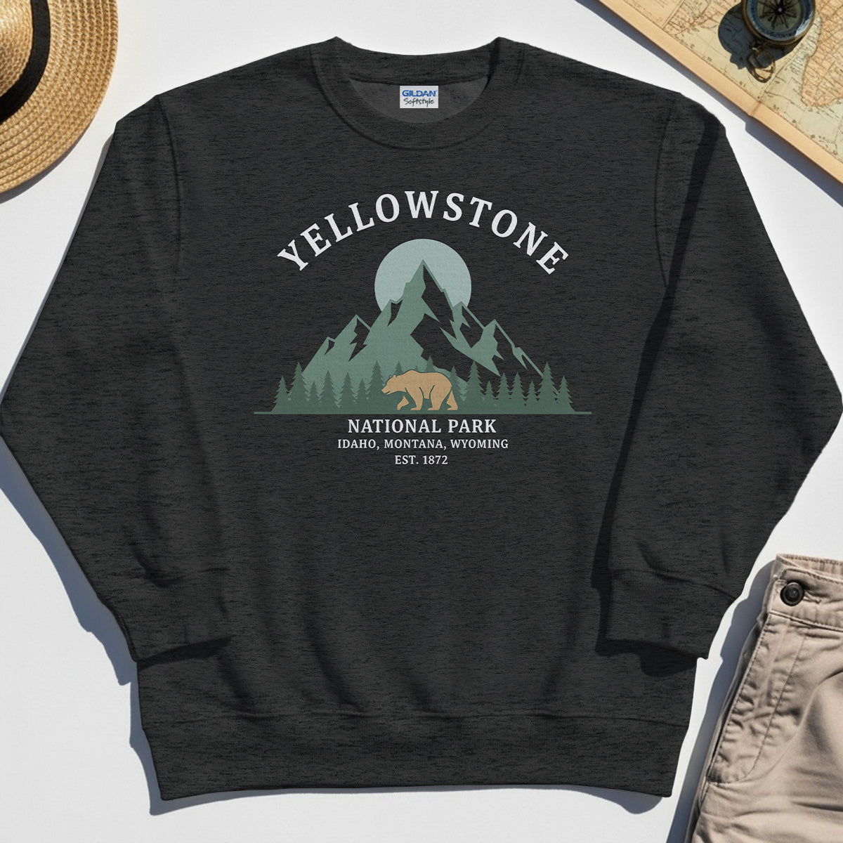 Yellowstone National Park Sweatshirt, Bear & Pines Mountain Graphic Sweatshirt 4