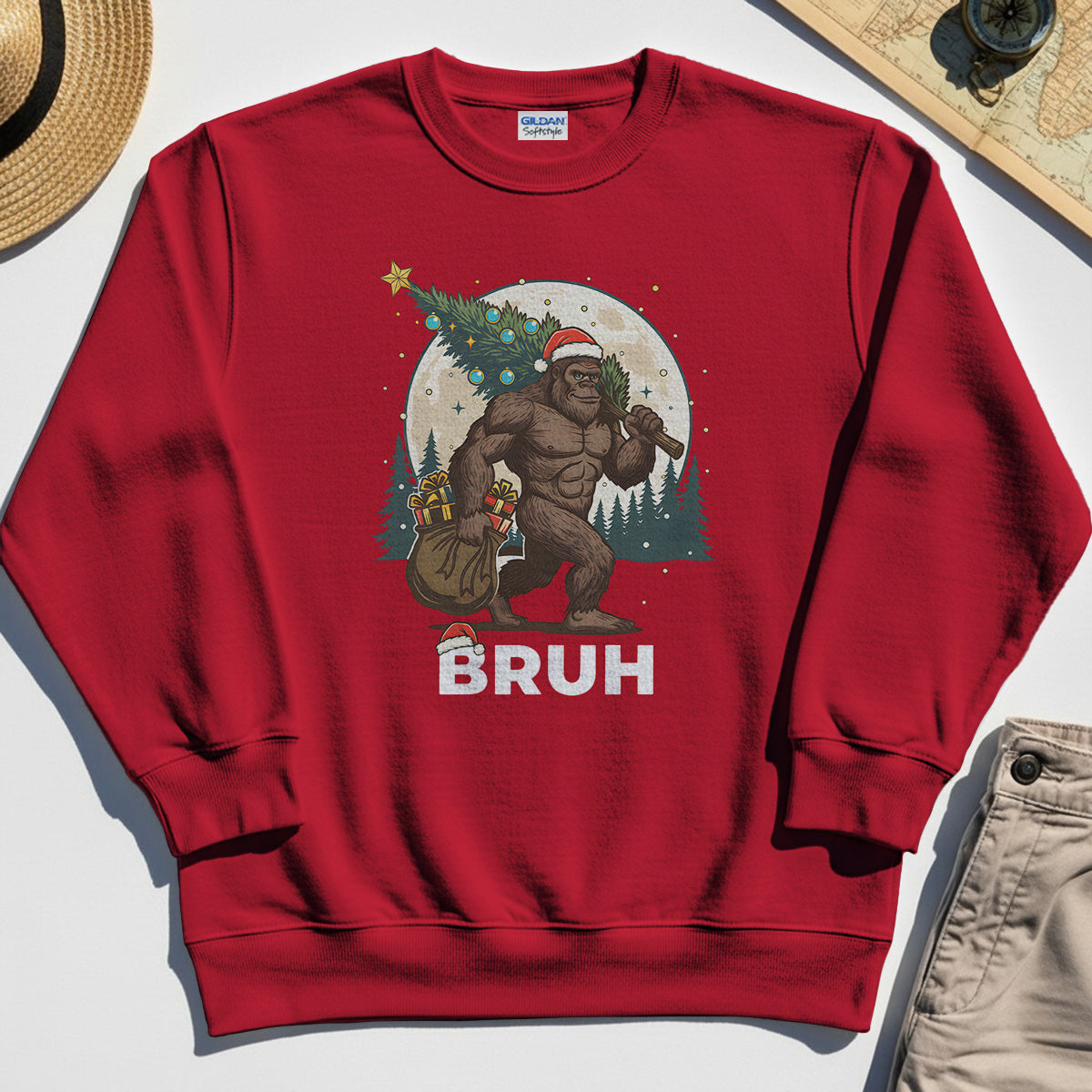Bigfoot Christmas "BRUH" Sweatshirt, Retro Santa Hat Sasquatch Carrying Christmas Tree Sweatshirt 8