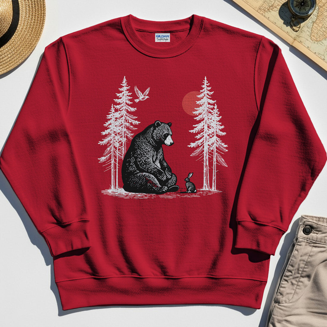 Bear and Bunny Under Red Sun Sweatshirt, Vintage Forest Nature Graphic Sweatshirt, Wildlife Art Sweatshirt For Outdoor Lovers 1