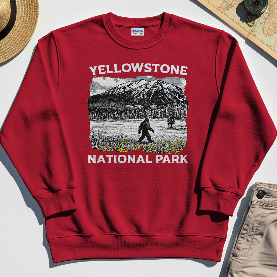 Yellowstone National Park Sweatshirt, Bigfoot Hiking Graphic 1