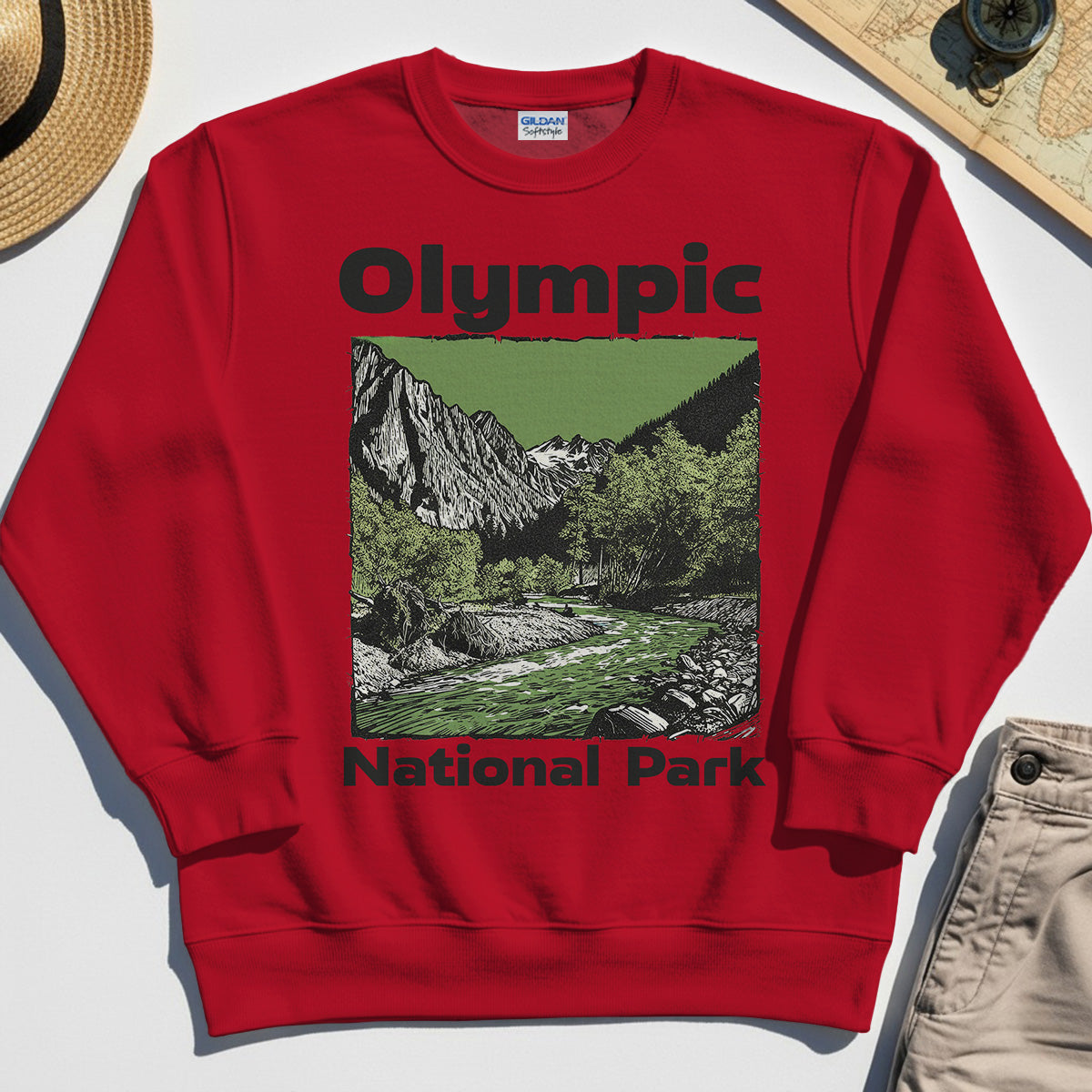 Olympic National Park Sweatshirt, Vintage Mountain River Scene Sweatshirt For Outdoor Adventure Campers 7