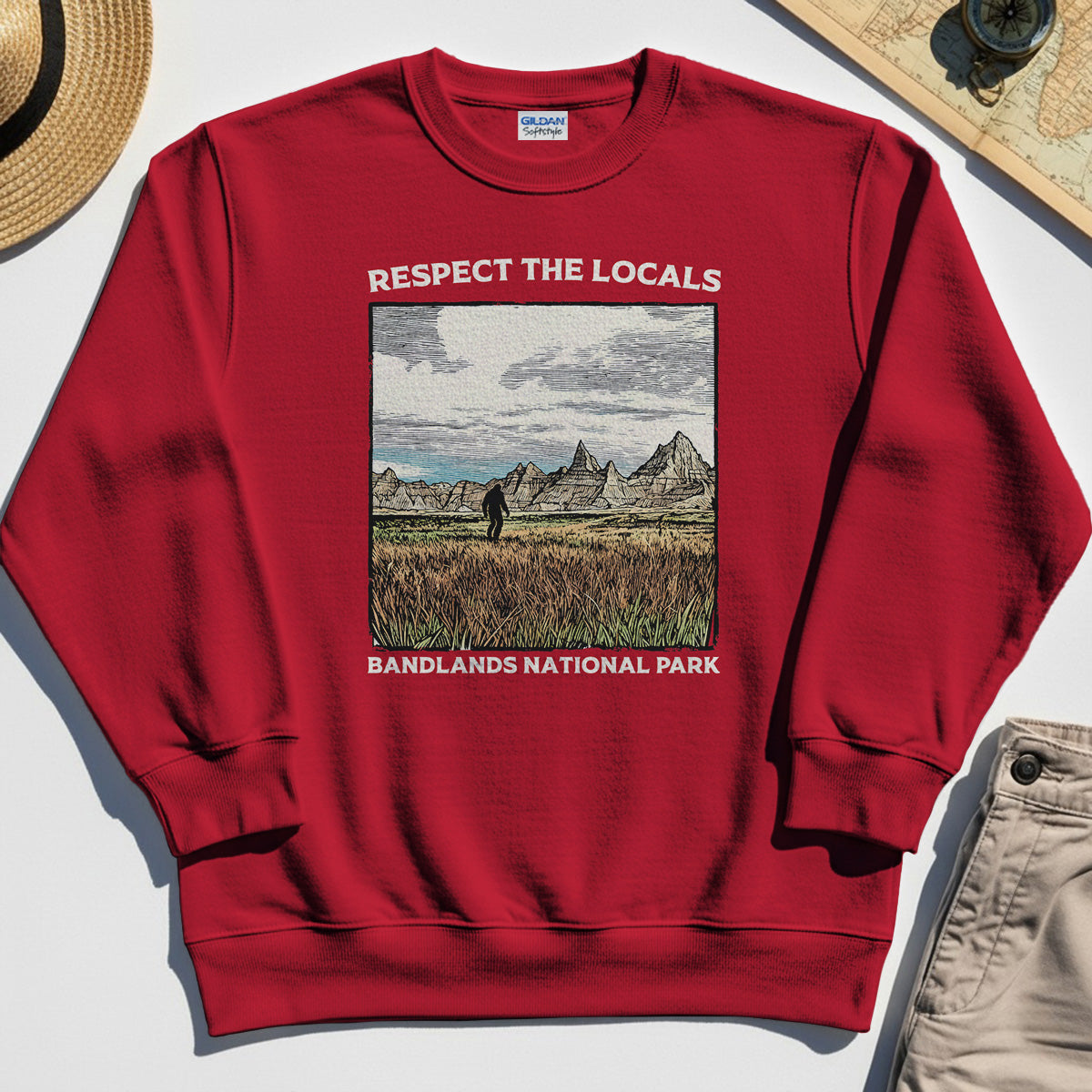 Sasquatch Respect The Locals Sweatshirt, Bigfoot Hiking Through Badlands National Park Sweatshirt 7