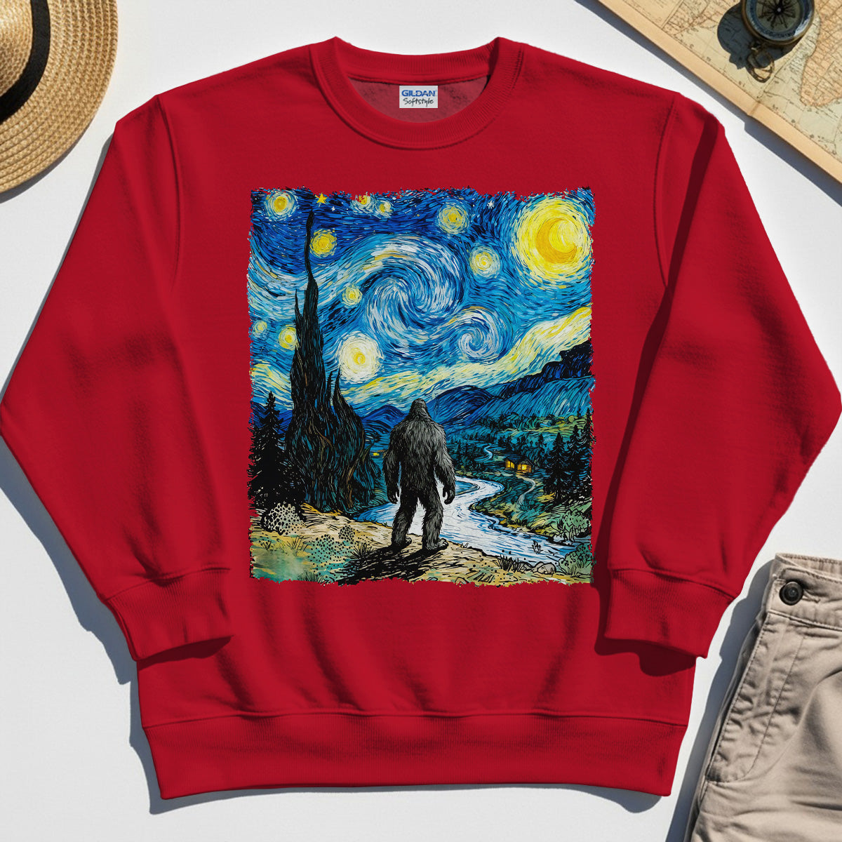 Funny Sasquatch Van Gogh Parody Sweatshirt, Bigfoot Starry Night Sweatshirt 7