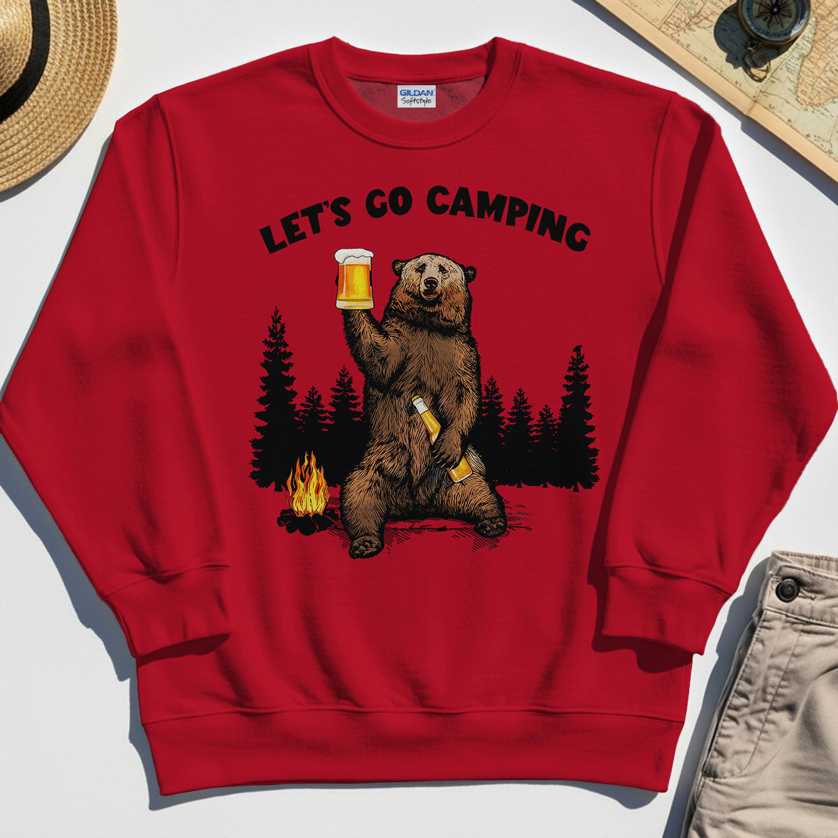Let’s Go Camping Sweatshirt, Funny Beer Drinking Bear Graphic Sweatshirt For Outdoor & Camping Lovers 8