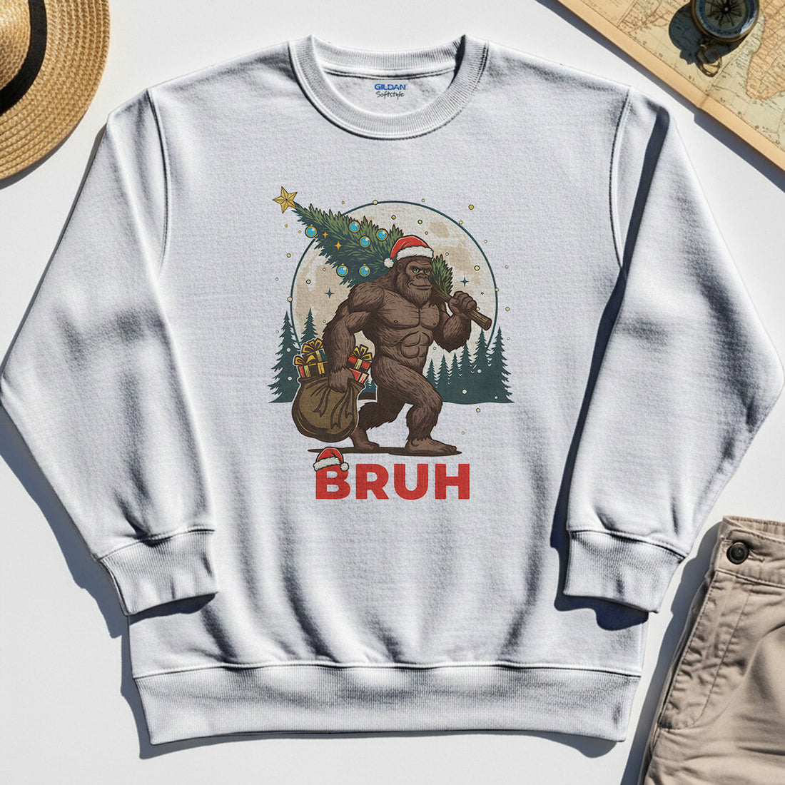 Bigfoot Christmas "BRUH" Sweatshirt, Retro Santa Hat Sasquatch Carrying Christmas Tree Sweatshirt 1