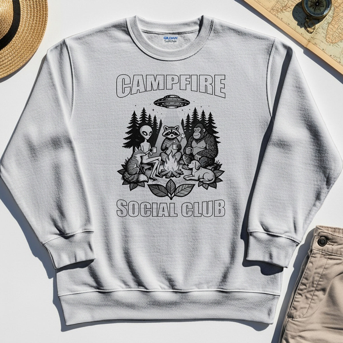 Campfire Social Club With Alien, Bigfoot, UFO And Raccoon Sweatshirt 8