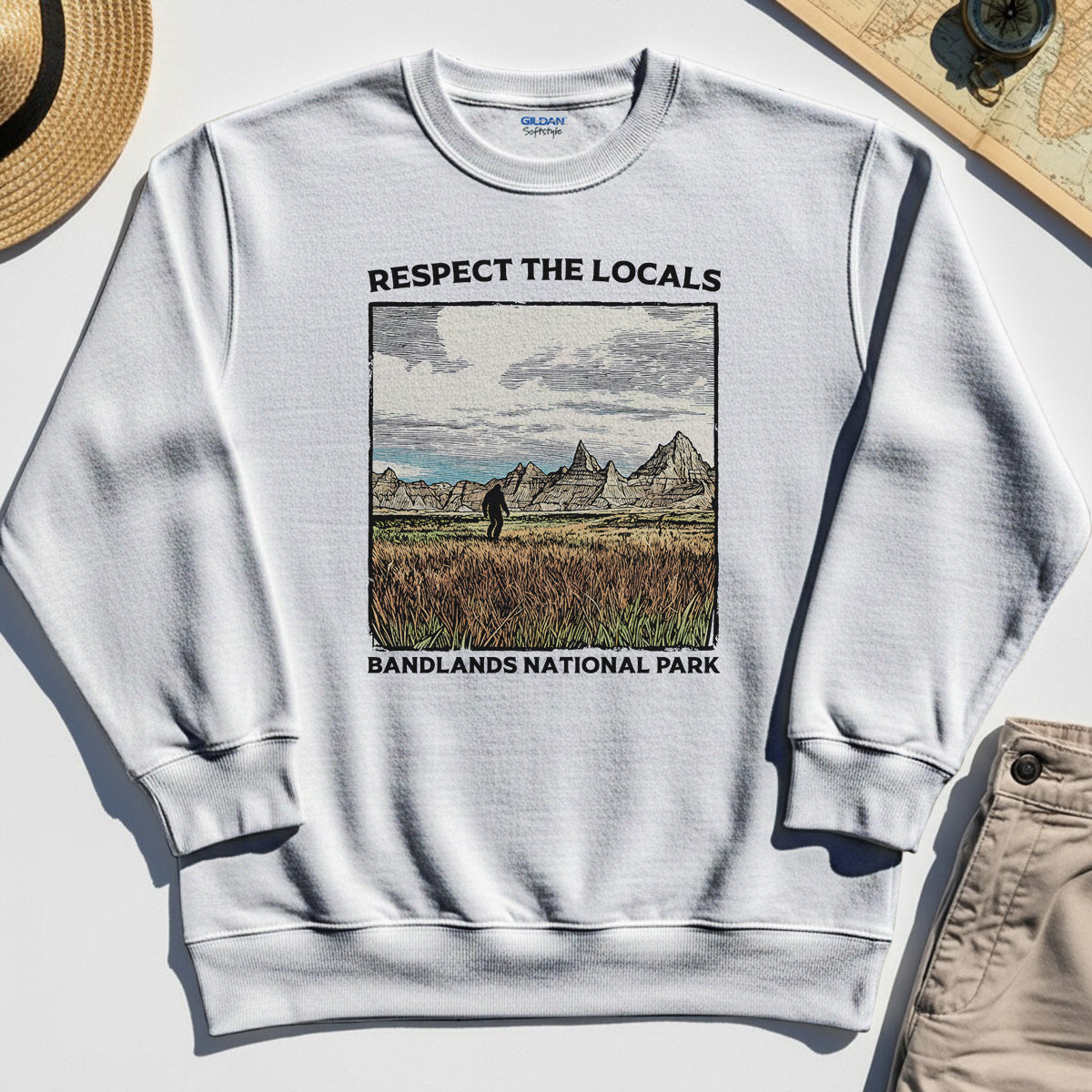 Sasquatch Respect The Locals Sweatshirt, Bigfoot Hiking Through Badlands National Park Sweatshirt 8