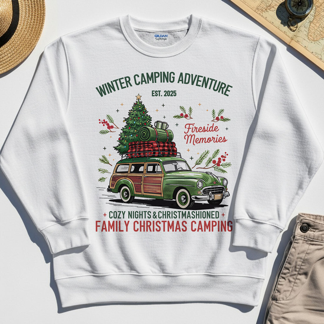 Winter Camping Adventure Sweatshirt, Retro Car with Tree Family Christmas Camping Sweatshirt 1