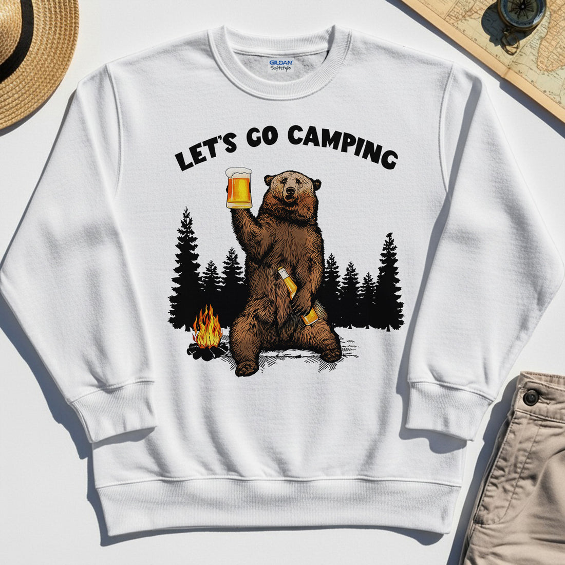 Let’s Go Camping Sweatshirt, Funny Beer Drinking Bear Graphic Sweatshirt For Outdoor & Camping Lovers 1