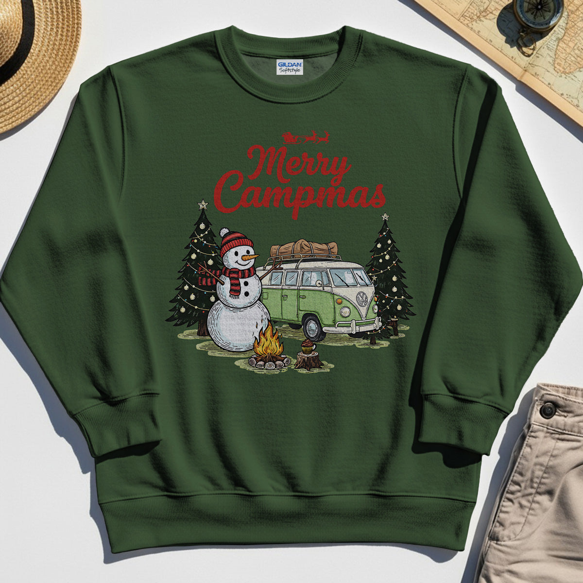 Funny Merry Christmas Camping Sweatshirt, Retro Camper Van Snowman Campfire Sweatshirt For Outdoor Lovers 3