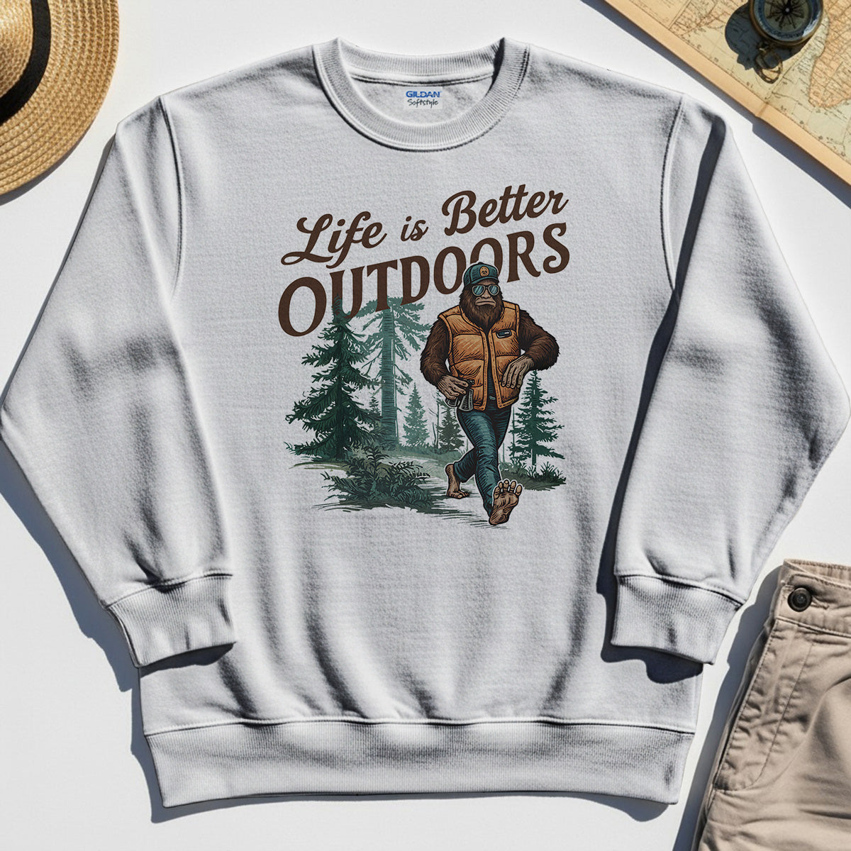 Bigfoot Life Is Better Outdoors Sweatshirt, Retro Camping Graphic Sweatshirts For Outdoor Adventurers 8