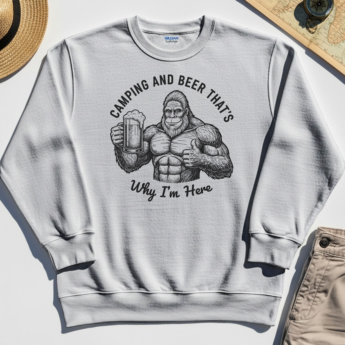 "Camping and Beer That’s Why I’m Here" Funny Bigfoot Camping Sweatshirt 8