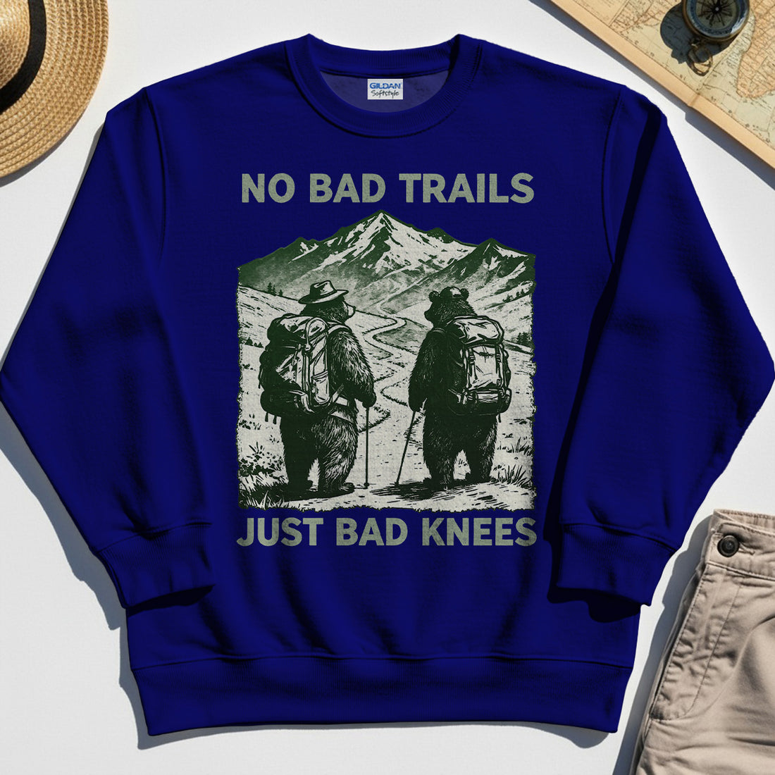 No Bad Trails Just Bad Knees Sweatshirt, Vintage Bear Backpacking Sweatshirt For Campers and Outdoor Enthusiasts 1