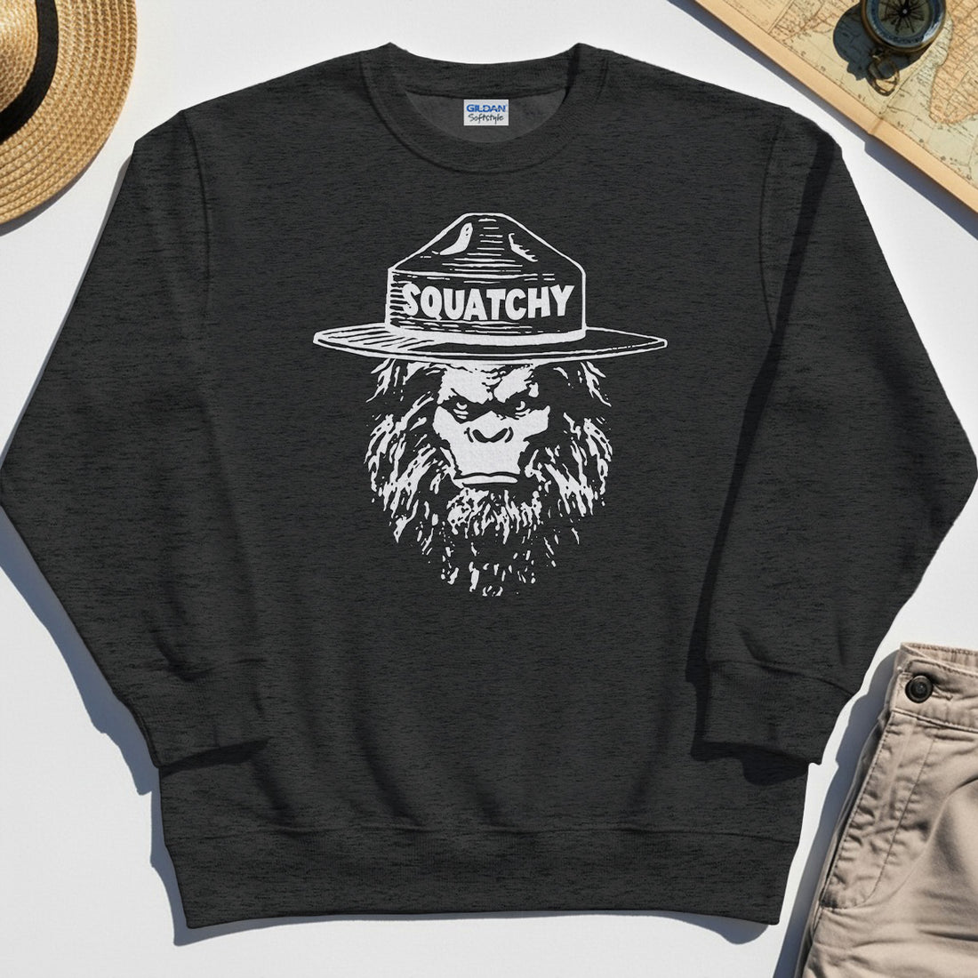 Sasquatch "SQUATCHY" Funny Bigfoot Sweatshirt, Retro Line Art Bigfoot Face Sweatshirt For Camping Lovers 1