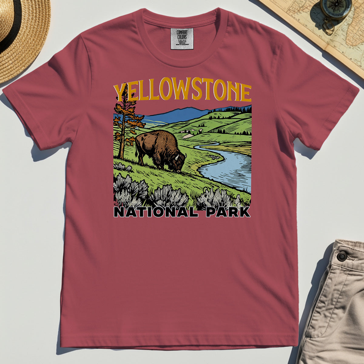 Yellowstone National Park Comfort Color Tees, Vintage Bison Landscape T-Shirts For Nature & Travel Lover 4