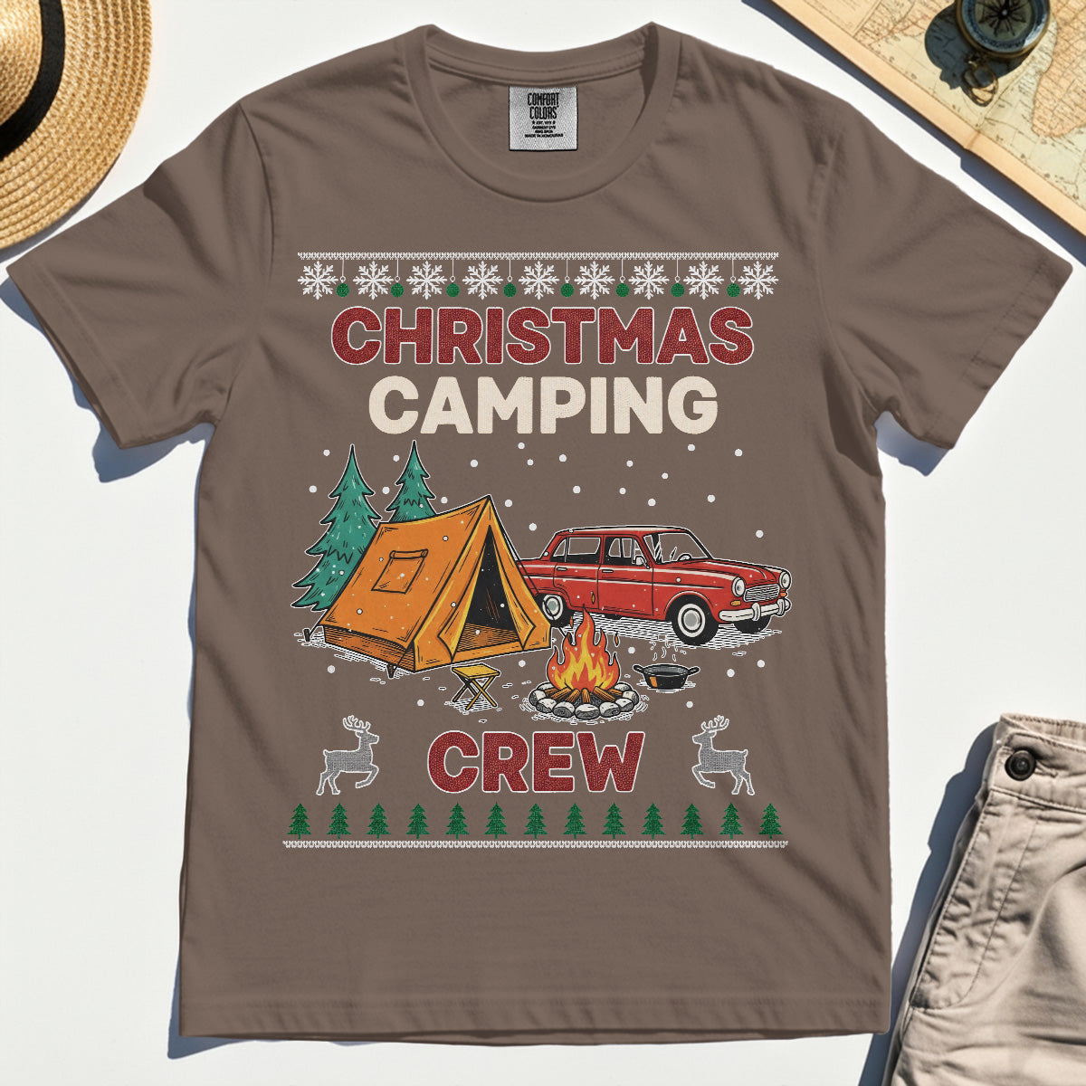Retro Red Car Cream Christmas Camping Crew Comfort T-Shirt