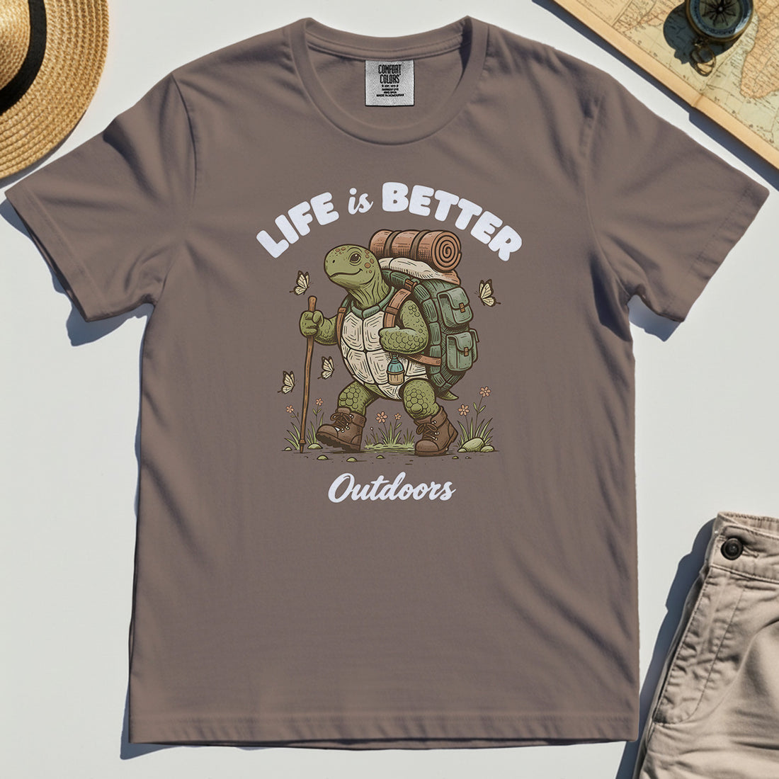 Outdoor Lovers Comfort Tee – Life Is Better Outdoors, Funny Hiking Turtle Graphic Comfort Color Tee 1