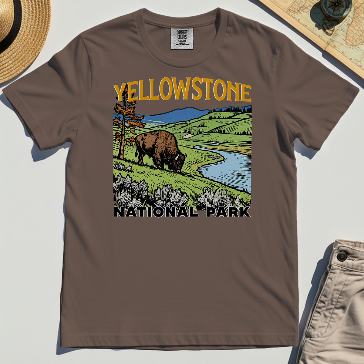 Yellowstone National Park Comfort Color Tees, Vintage Bison Landscape T-Shirts For Nature & Travel Lover 5