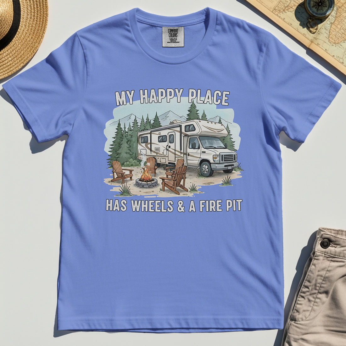 My Happy Place Has Wheels & A Fire Pit Comfort Color Tee 1