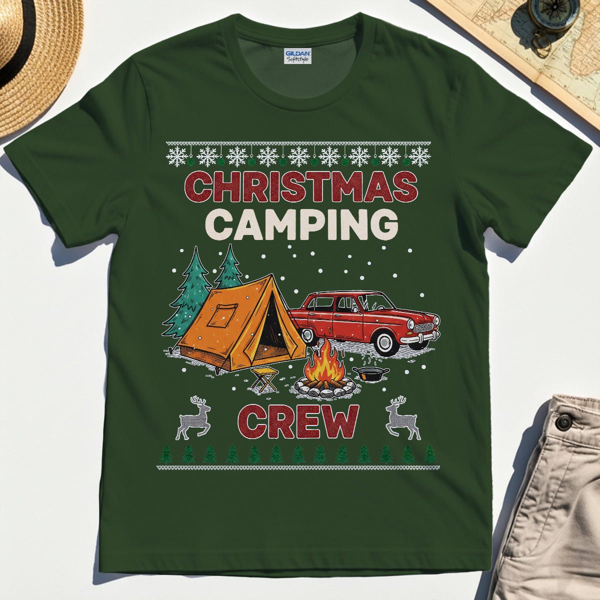 Retro Red Car Cream Christmas Camping Crew T-Shirts