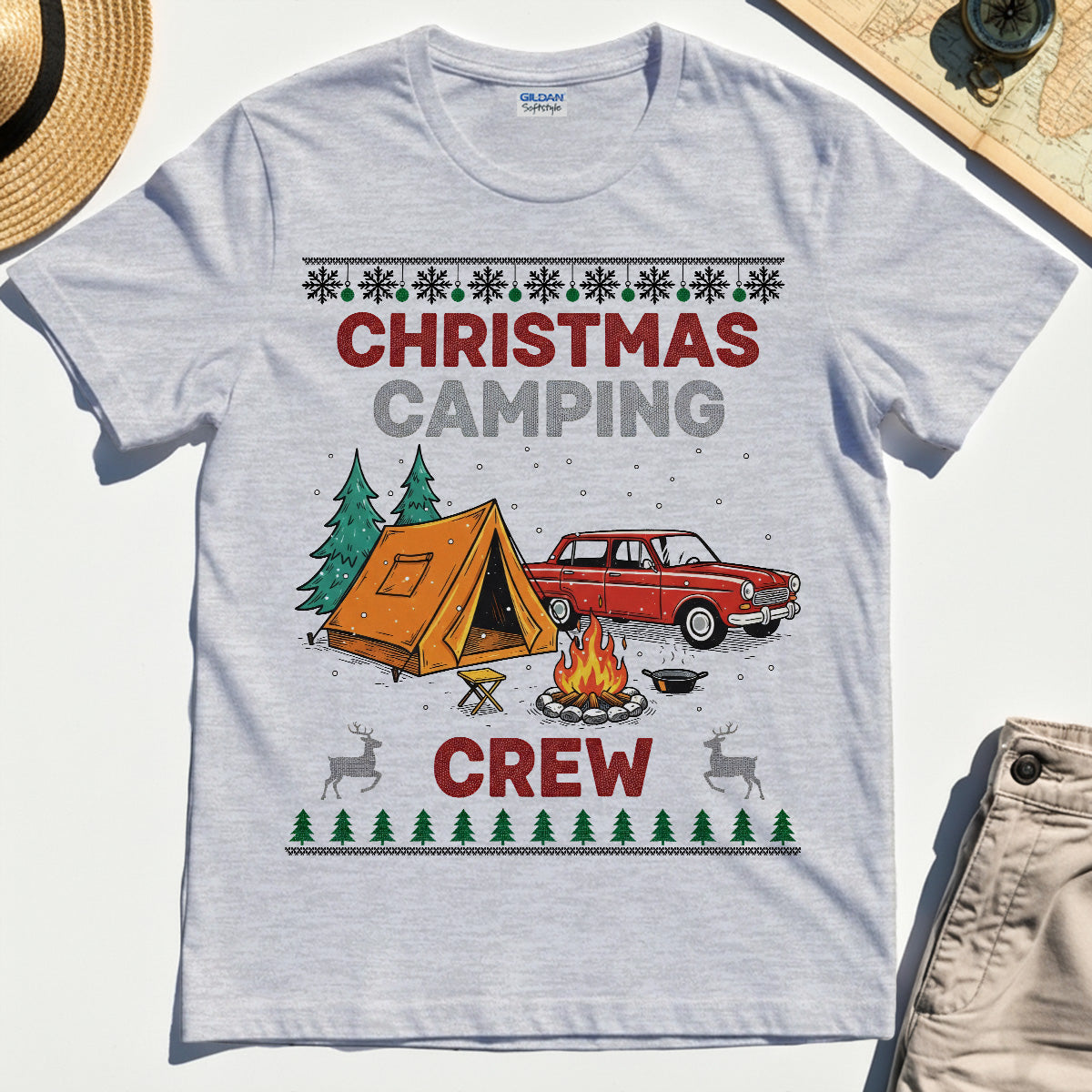 Retro Red Car Cream Christmas Camping Crew T-Shirts
