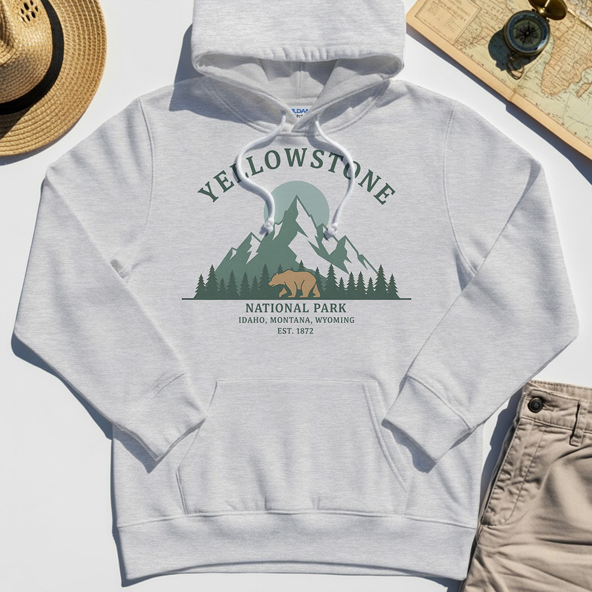 Yellowstone National Park Hoodie, Bear & Pines Mountain Graphic Hoodies 5