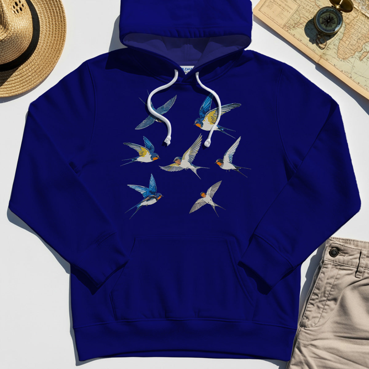 Elegant Flying Swallows Hoodie , Minimalist Wildlife Camping Graphic Hoodies Gift For Nature Campers 4