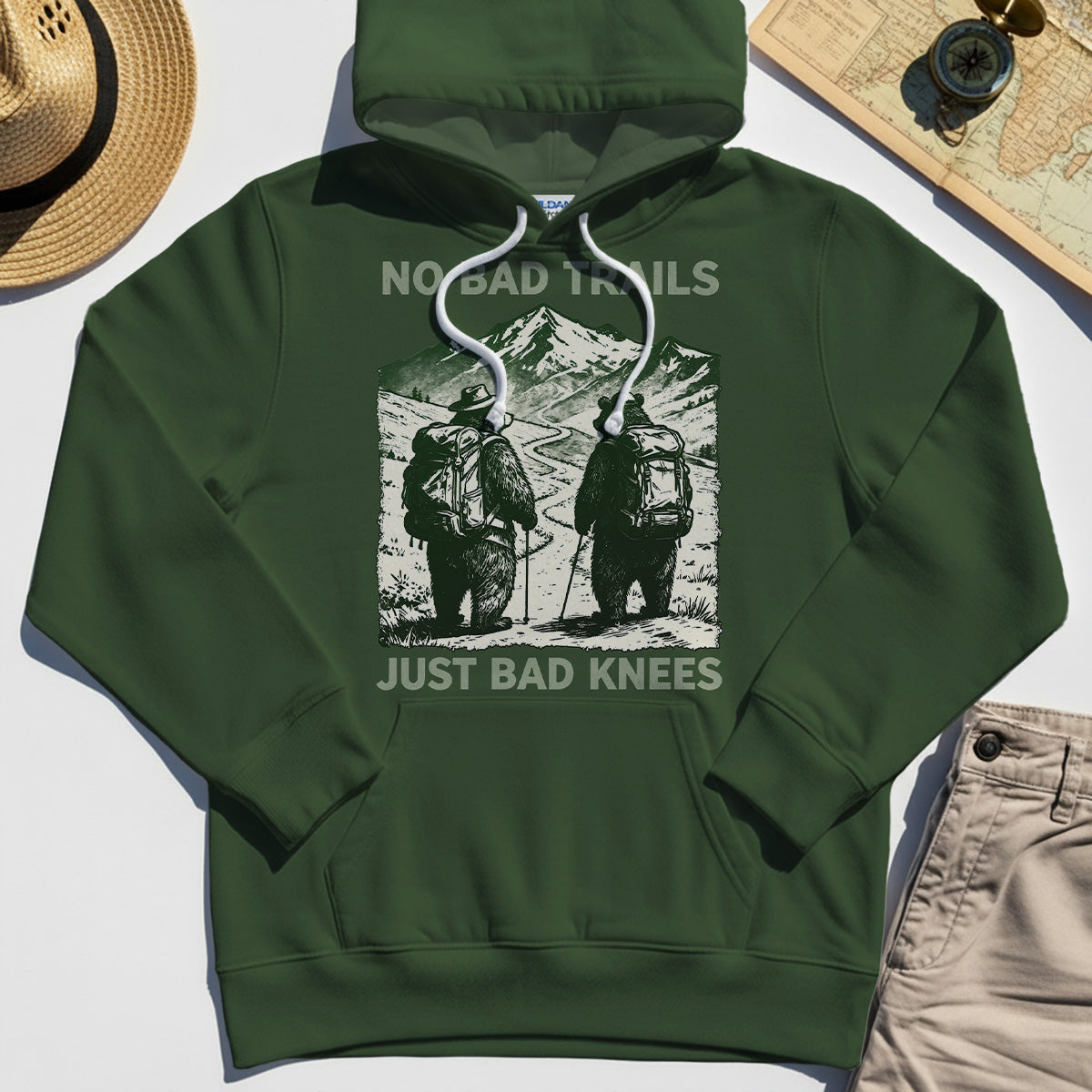 No Bad Trails Just Bad Knees Hoodie, Vintage Bear Backpacking Hoodie For Campers and Outdoor Enthusiasts 5