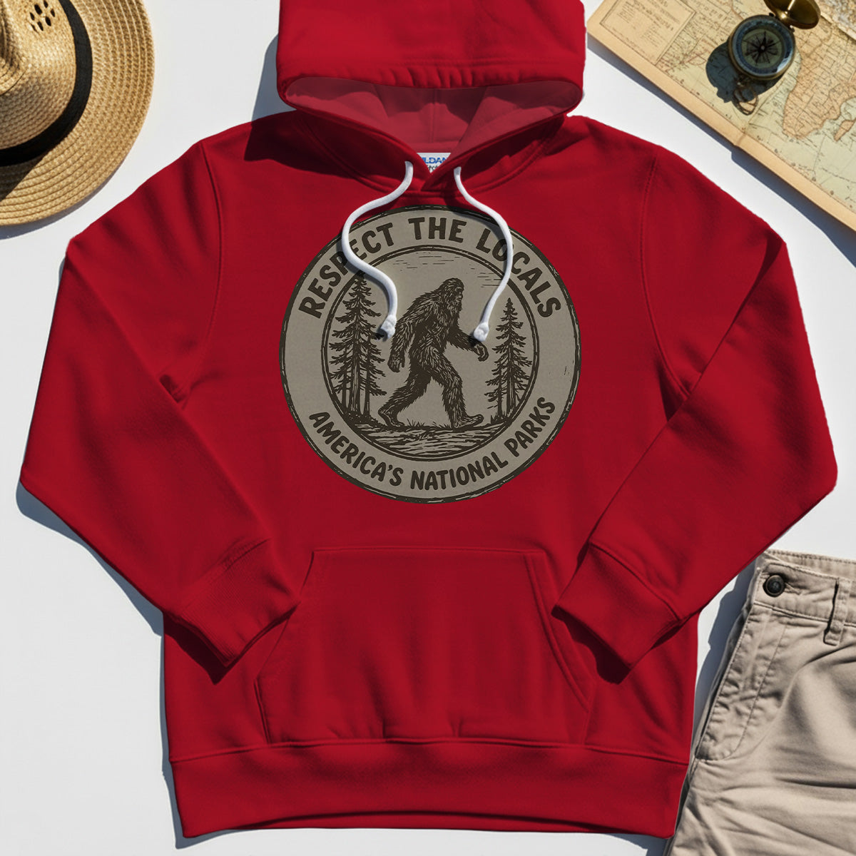 Retro Respect the Locals Bigfoot Hoodie, Funny Sasquatch National Park Camping Hoodie 5
