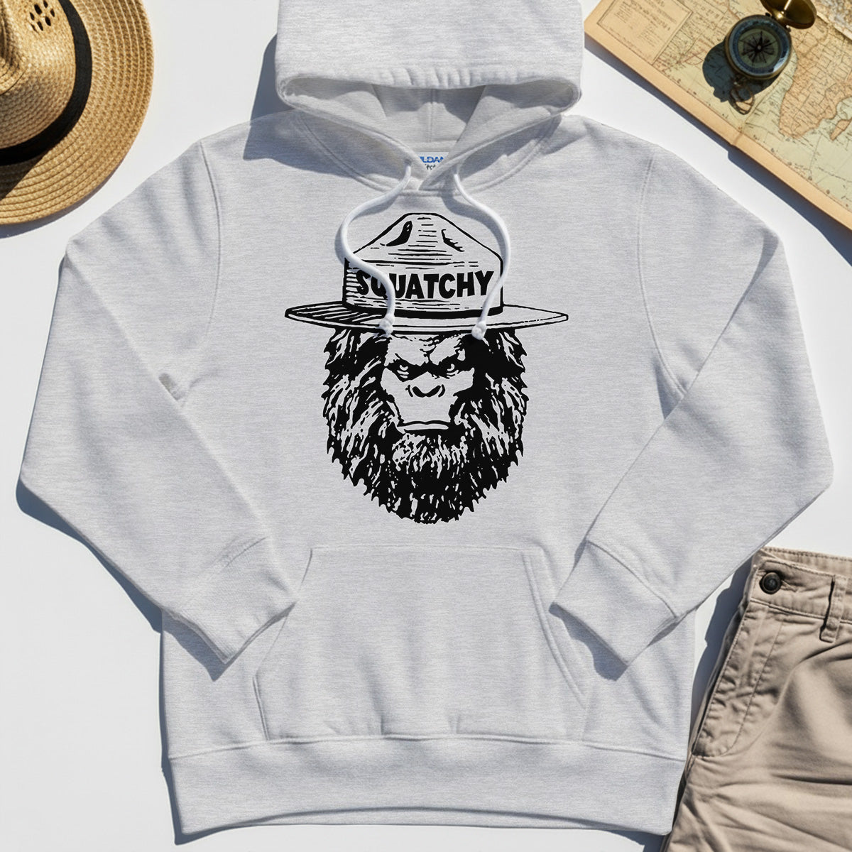 Sasquatch "SQUATCHY" Funny Bigfoot Hoodie, Retro Line Art Bigfoot Face Hoodies For Camping Lovers 4