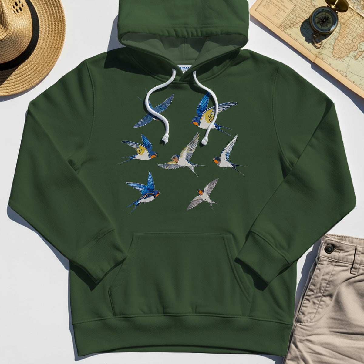 Elegant Flying Swallows Hoodie , Minimalist Wildlife Camping Graphic Hoodies Gift For Nature Campers 5