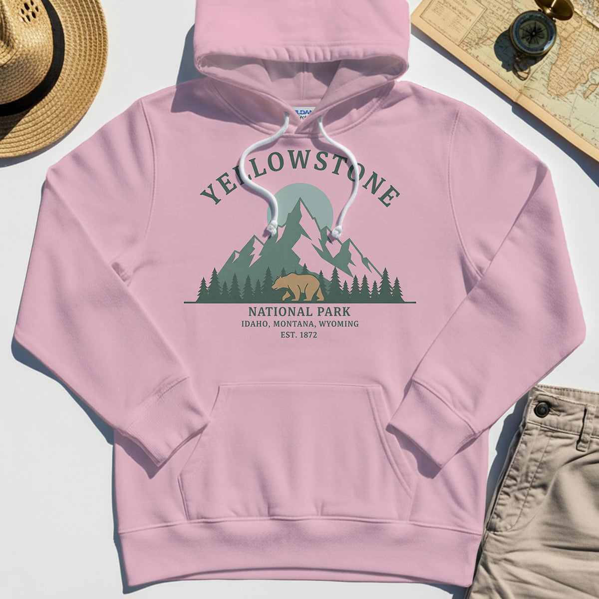 Yellowstone National Park Hoodie, Bear & Pines Mountain Graphic Hoodies 6