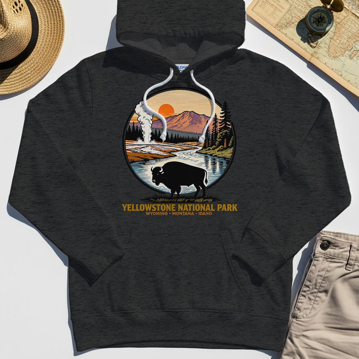 Retro Yellowstone National Park Hoodie, Bison Silhouette Outdoor Adventure Hoodies For Nature Campers 4