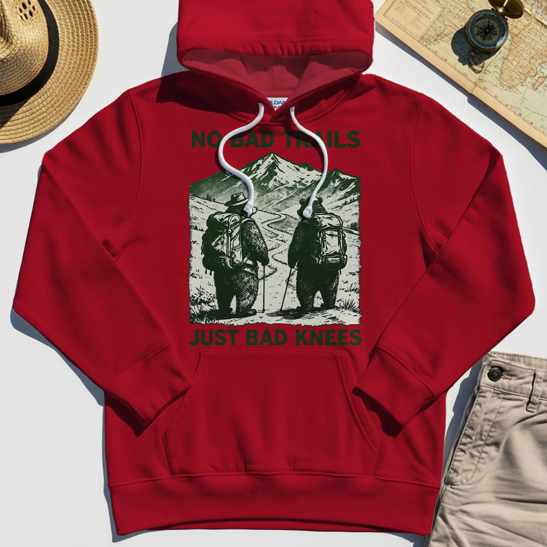 No Bad Trails Just Bad Knees Hoodie, Vintage Bear Backpacking Hoodie For Campers and Outdoor Enthusiasts 1
