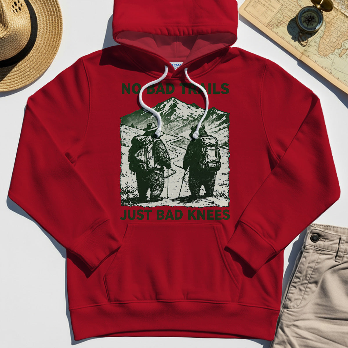 No Bad Trails Just Bad Knees Hoodie, Vintage Bear Backpacking Hoodie For Campers and Outdoor Enthusiasts 1