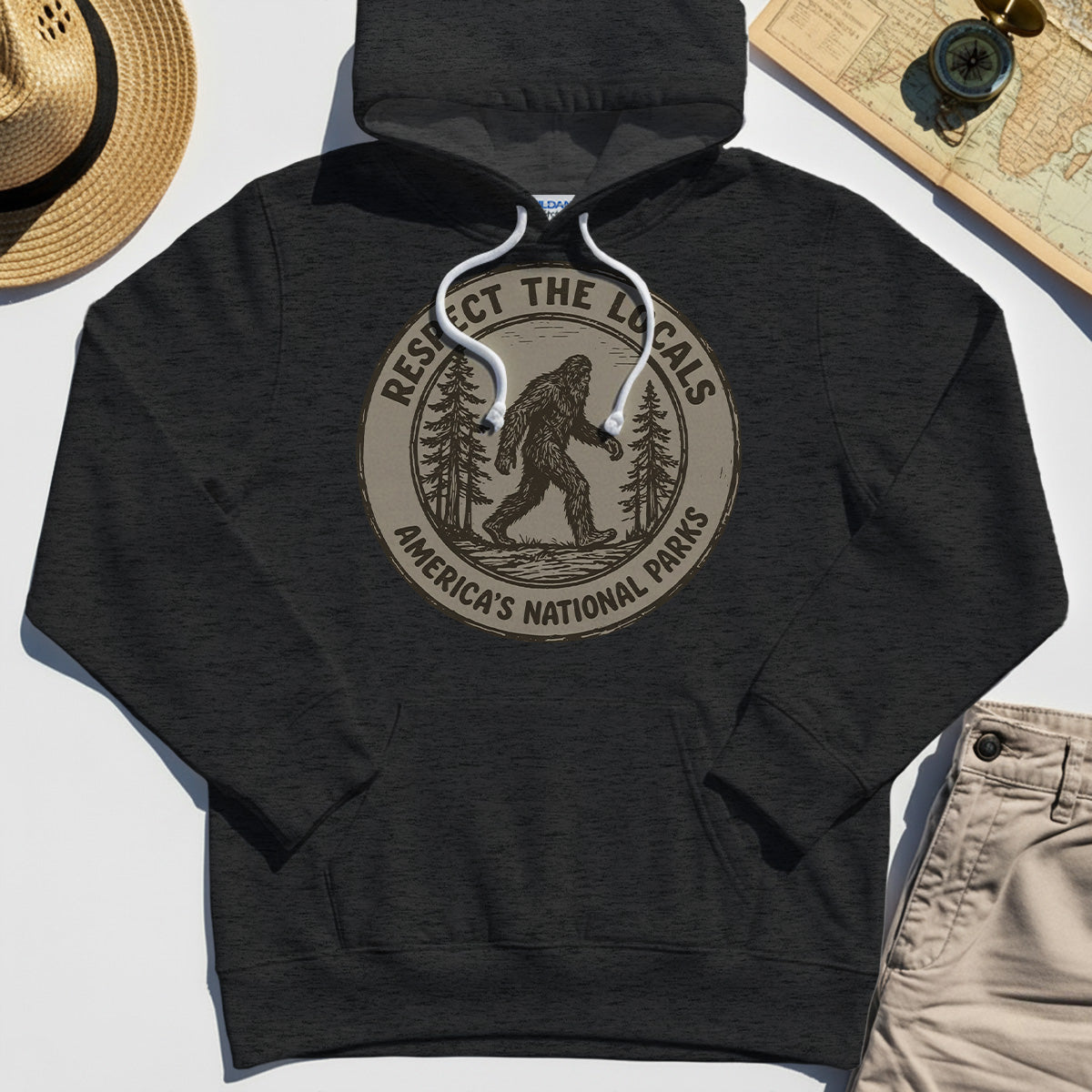 Retro Respect the Locals Bigfoot Hoodie, Funny Sasquatch National Park Camping Hoodie 6