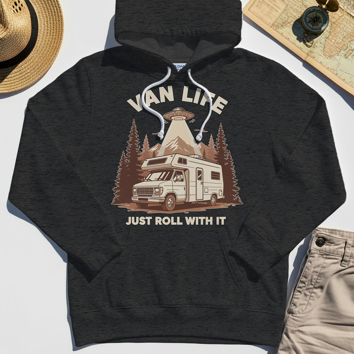 Just Roll With It Hoodies, Retro Camper Van Adventure Hoodie For Camping Lovers 4