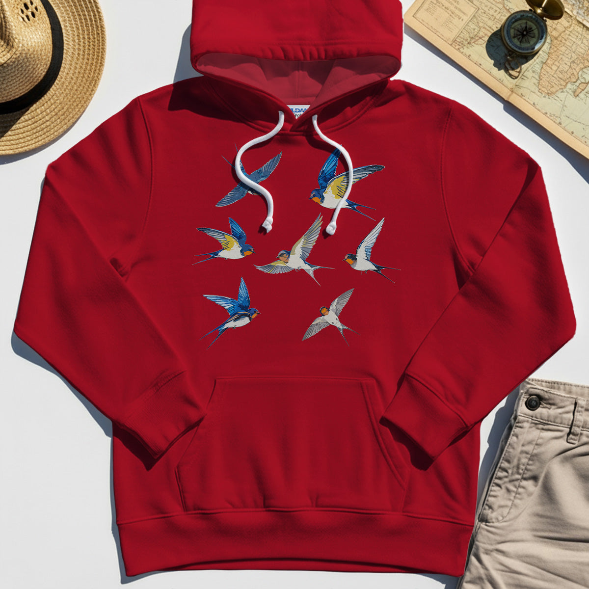 Elegant Flying Swallows Hoodie , Minimalist Wildlife Camping Graphic Hoodies Gift For Nature Campers 6