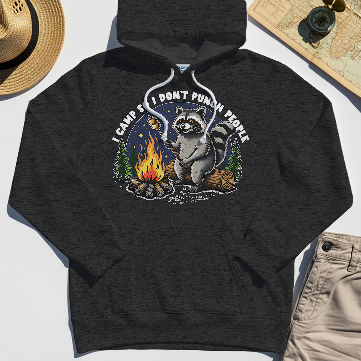 I Camp So I Don’t Punch People Hoodie, Funny Raccoon Marshmallow Campfire Hoodies 3