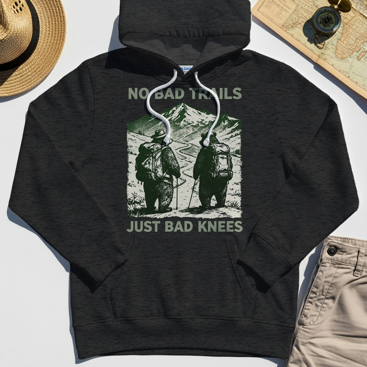 No Bad Trails Just Bad Knees Hoodie, Vintage Bear Backpacking Hoodie For Campers and Outdoor Enthusiasts 6
