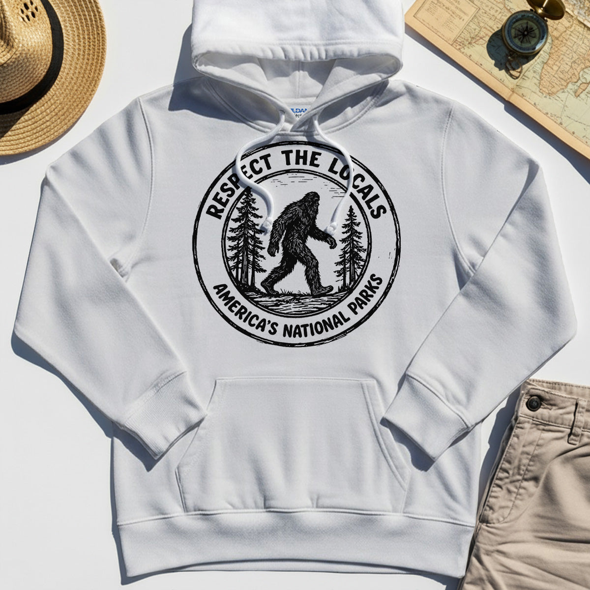 Retro Respect the Locals Bigfoot Hoodie, Funny Sasquatch National Park Camping Hoodie 7