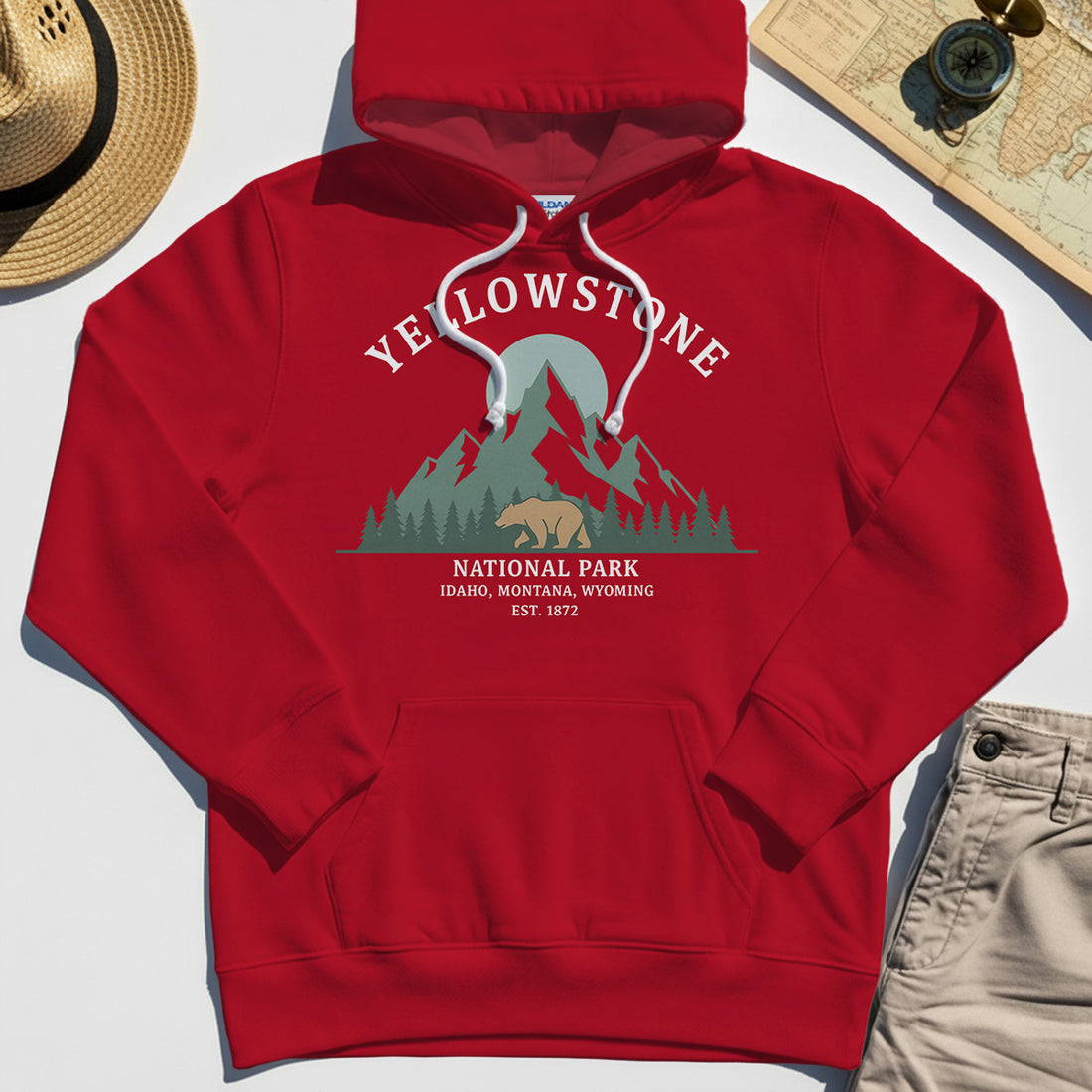 Yellowstone National Park Hoodie, Bear & Pines Mountain Graphic Hoodies 1