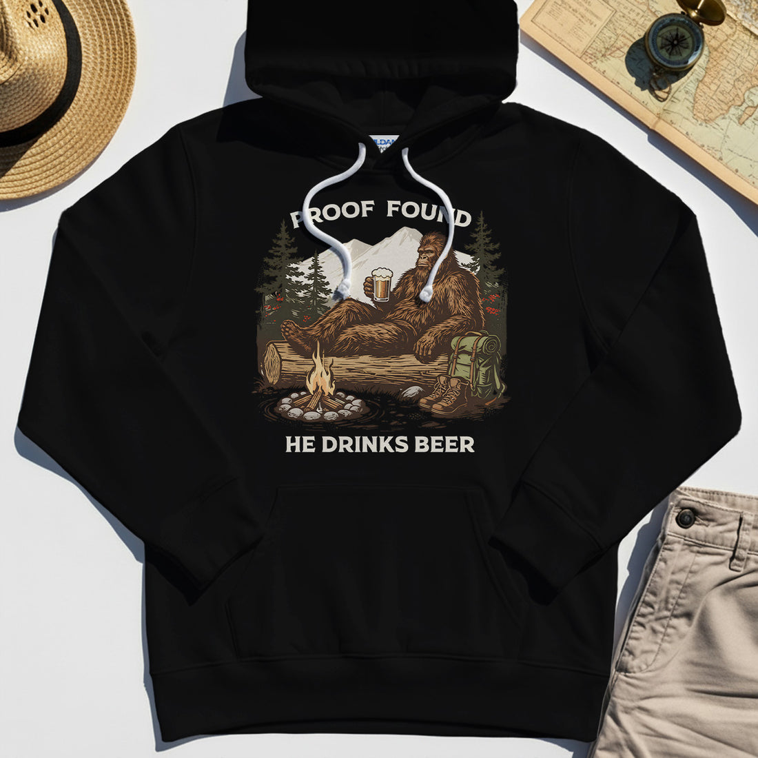 Funny Bigfoot "Proof Found He Drinks Beer" Camping Hoodie, Sasquatch Beer Lover Hoodies For Campers 1