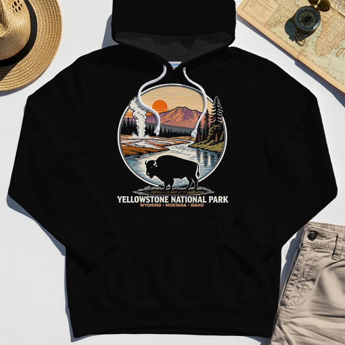 Retro Yellowstone National Park Hoodie, Bison Silhouette Outdoor Adventure Hoodies For Nature Campers 1